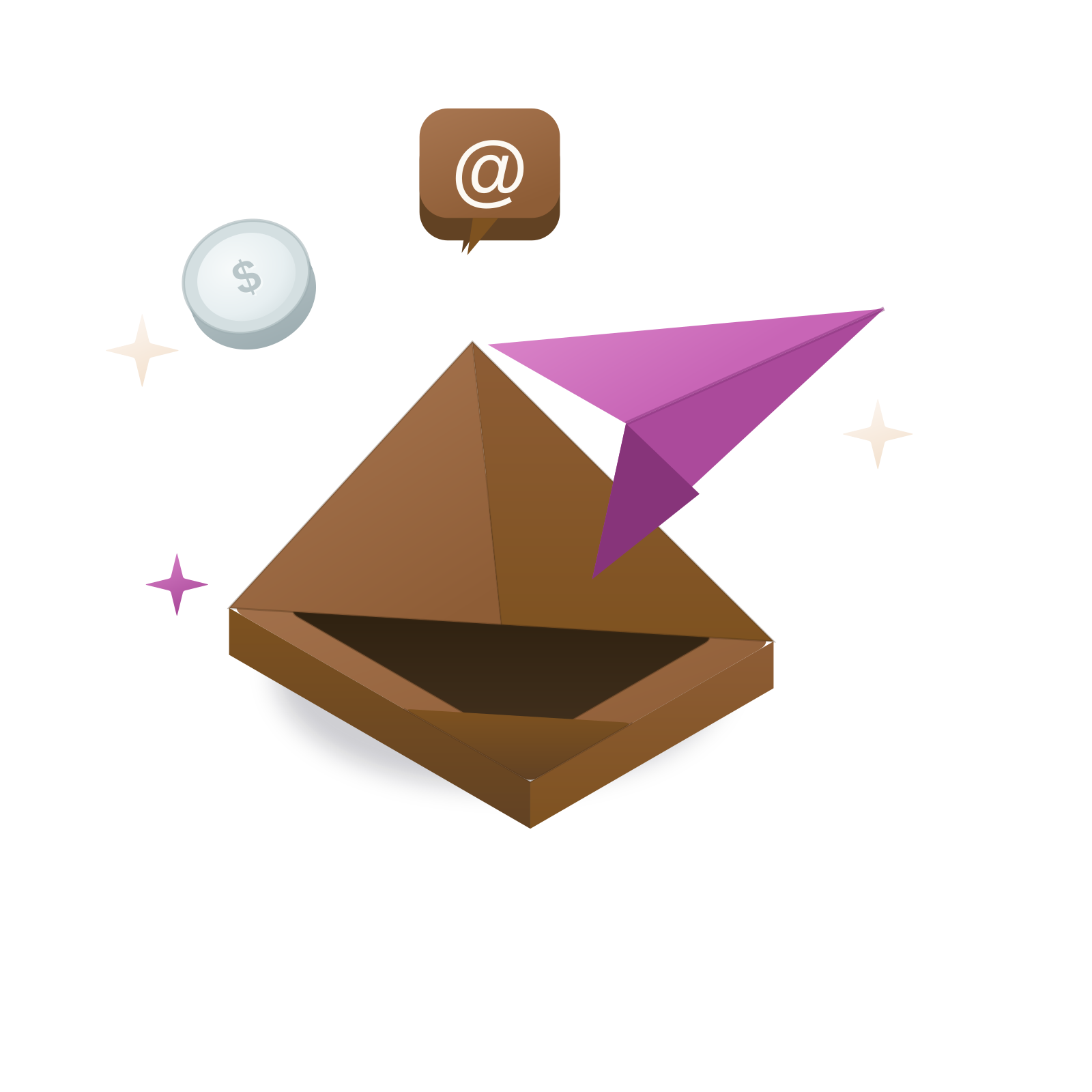 Ilustración isométrica 3D: un sobre abierto con un avión de papel en fucsia orquídea y una burbuja de mensaje café.